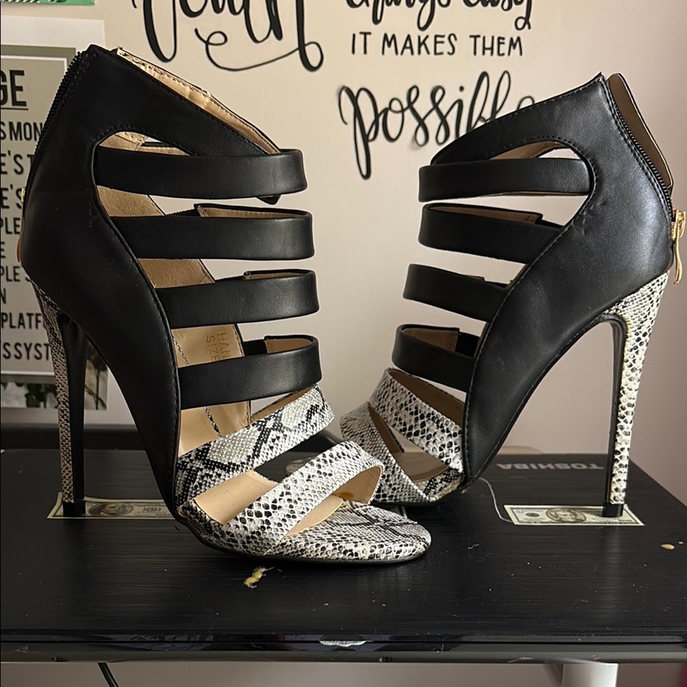 Black and Gray Stiletto Heels with Strappy Design